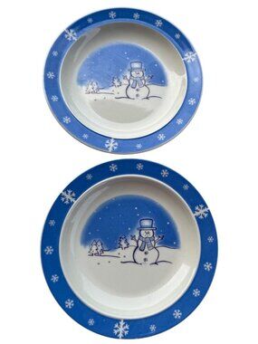 Set of 2 Holiday Snowman Blue & White Stoneware Ceramic Dessert Plates 6.5"